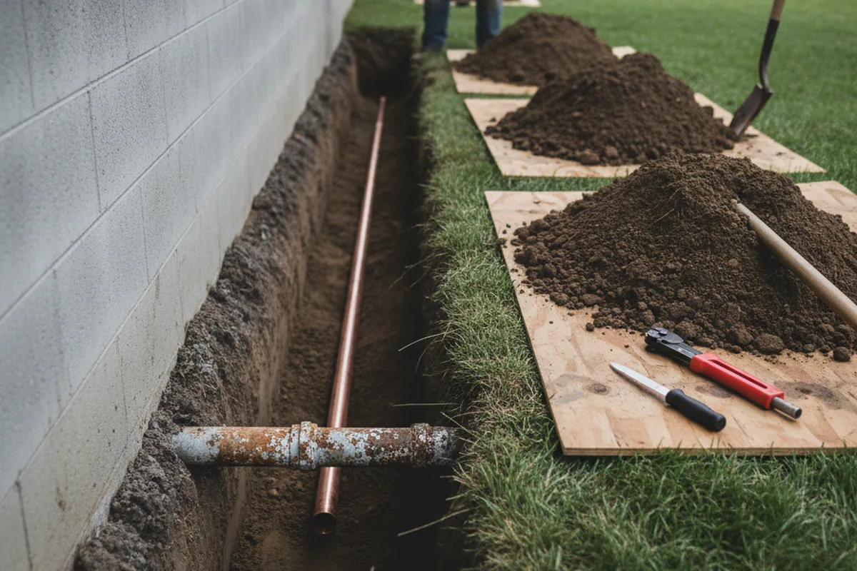 Excavated water line trench during Sewer Line Repair in Winesburg